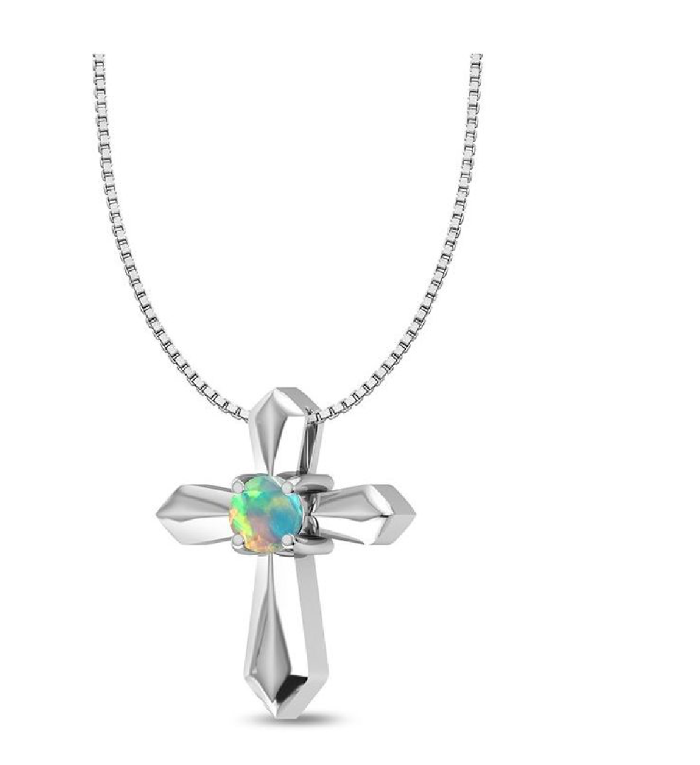 925 Sterling Steel Opal Cross Pendant Necklace