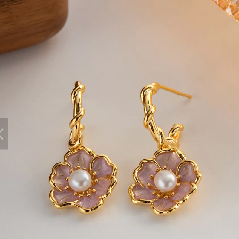Brass Earrings Freshwater Pearl Flower