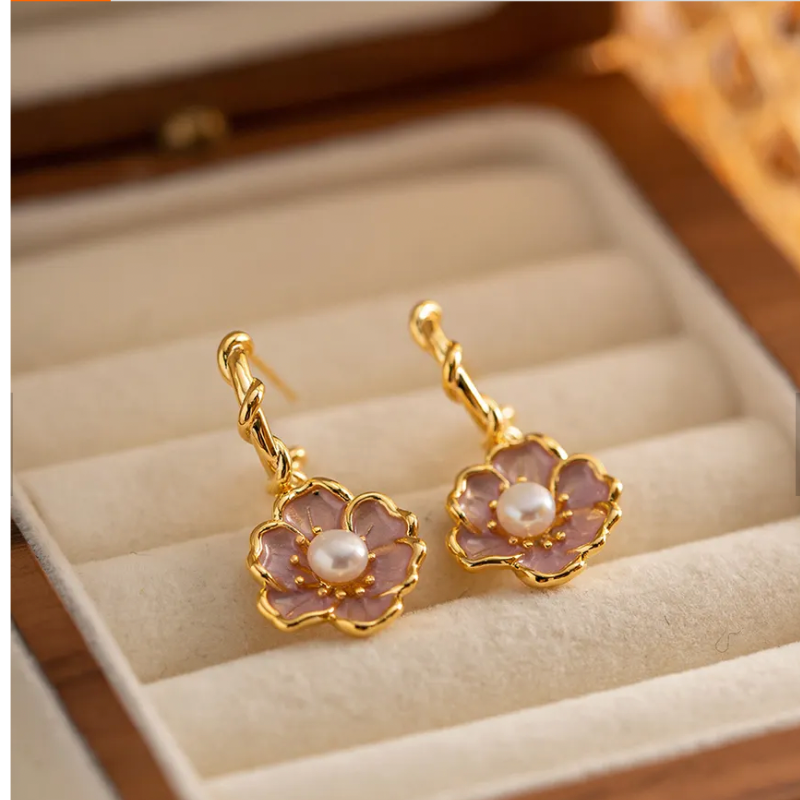 Brass Earrings Freshwater Pearl Flower