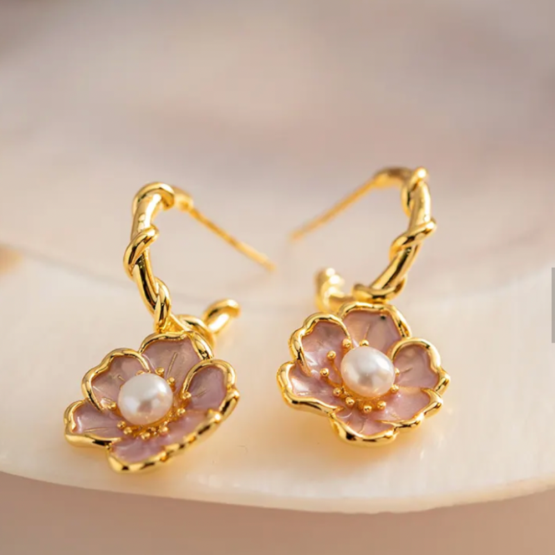 Brass Earrings Freshwater Pearl Flower