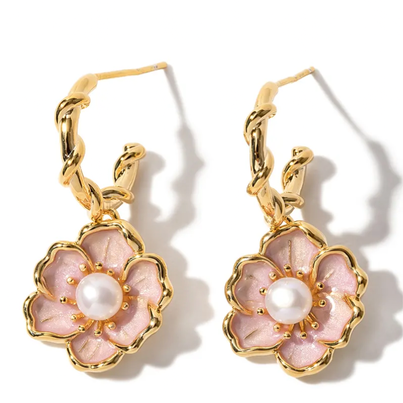 Brass Earrings Freshwater Pearl Flower