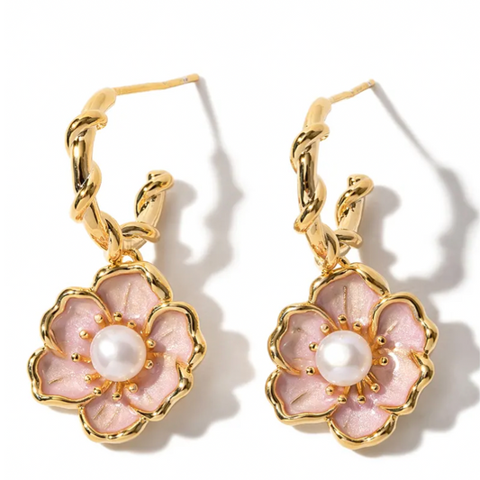 Brass Earrings Freshwater Pearl Flower