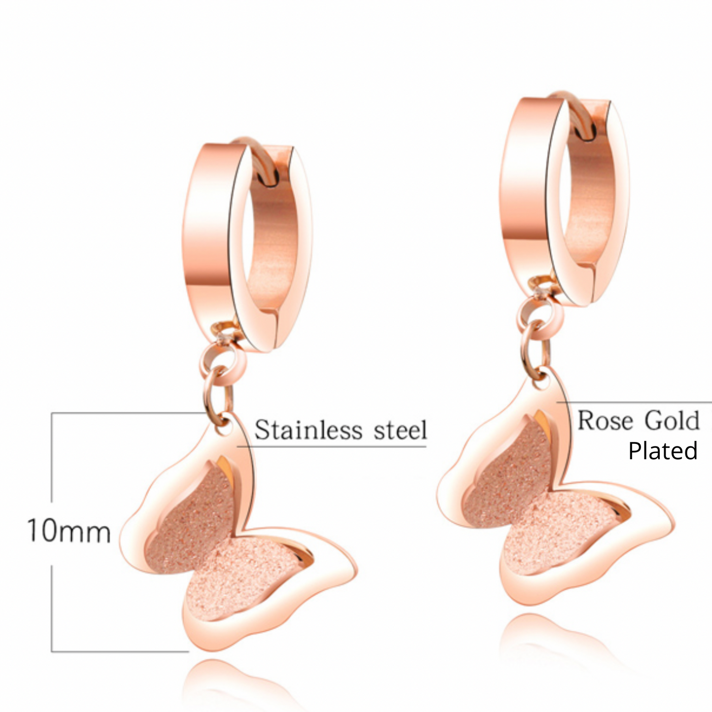 Stainless Steel 18K Rose Gold Butterfly Earrings