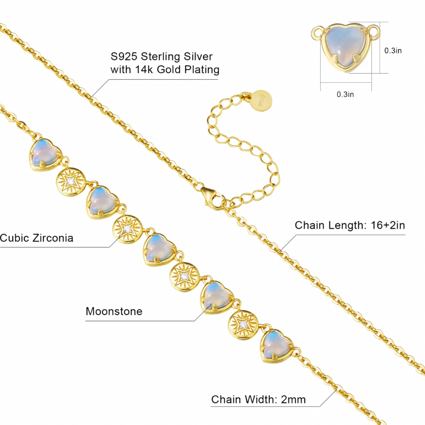 Sterling Silver Moonstone Heart Pendant Necklace for Women