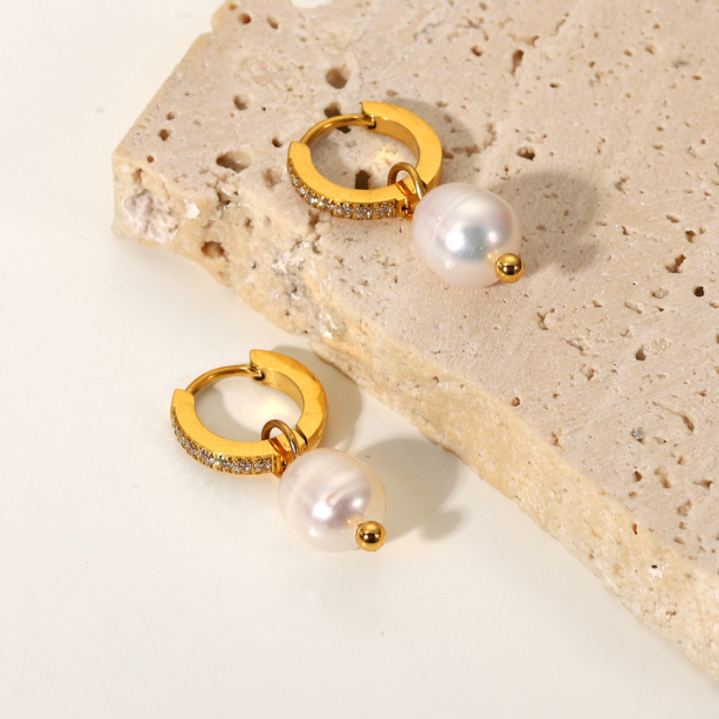 Waterproof Hoop Freshwater Pearl with Cubic Zirconia Earrings