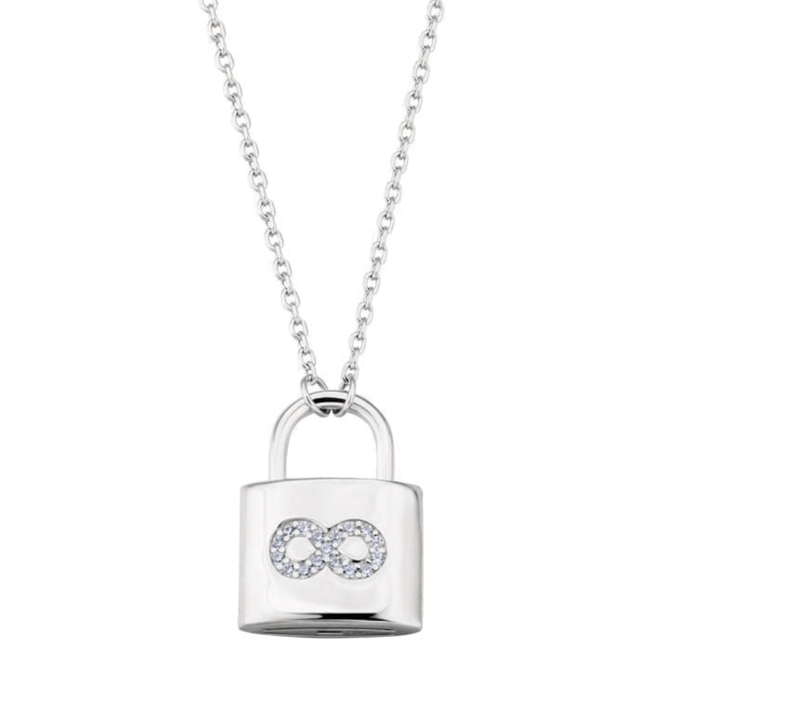 Sterling Silver Mother of Pearl Love Pendant Necklace with Lock in White Gold